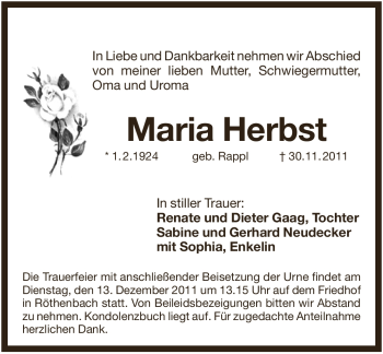 Traueranzeige von Maria Herbst von Pegnitz-Zeitung